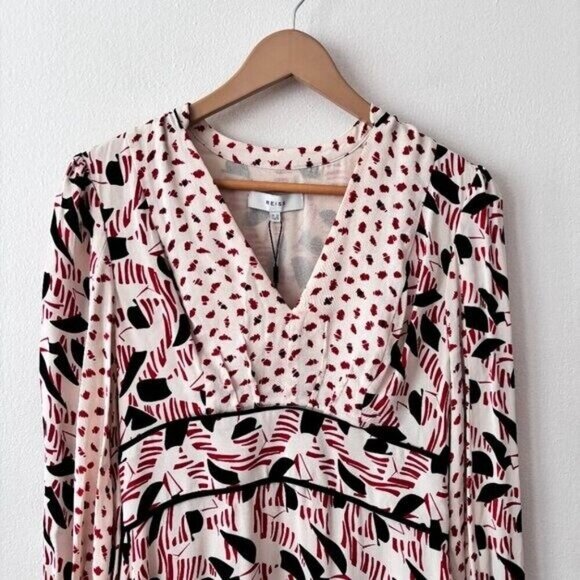 Reiss Emmi Floral Print Side Slit Asymmetric Midi Dress Red Multi Size 6 - Picture 7 of 11